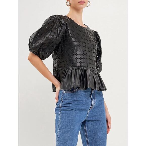 English Factory puff sleeve eyelet faux leather top sz small - Picture 2 of 12